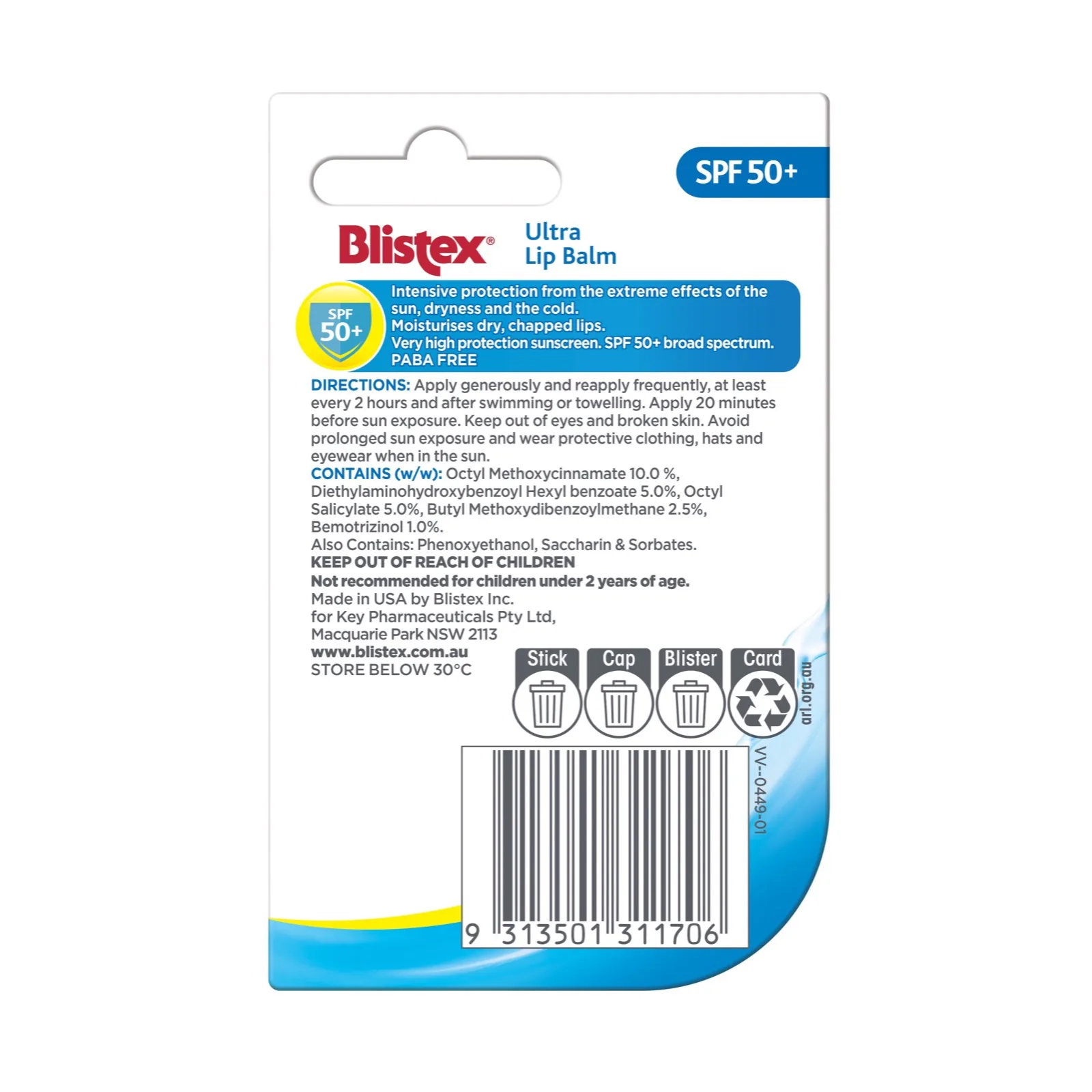 Blistex Ultra Lip Balm SPF 50+ new formula back packaging