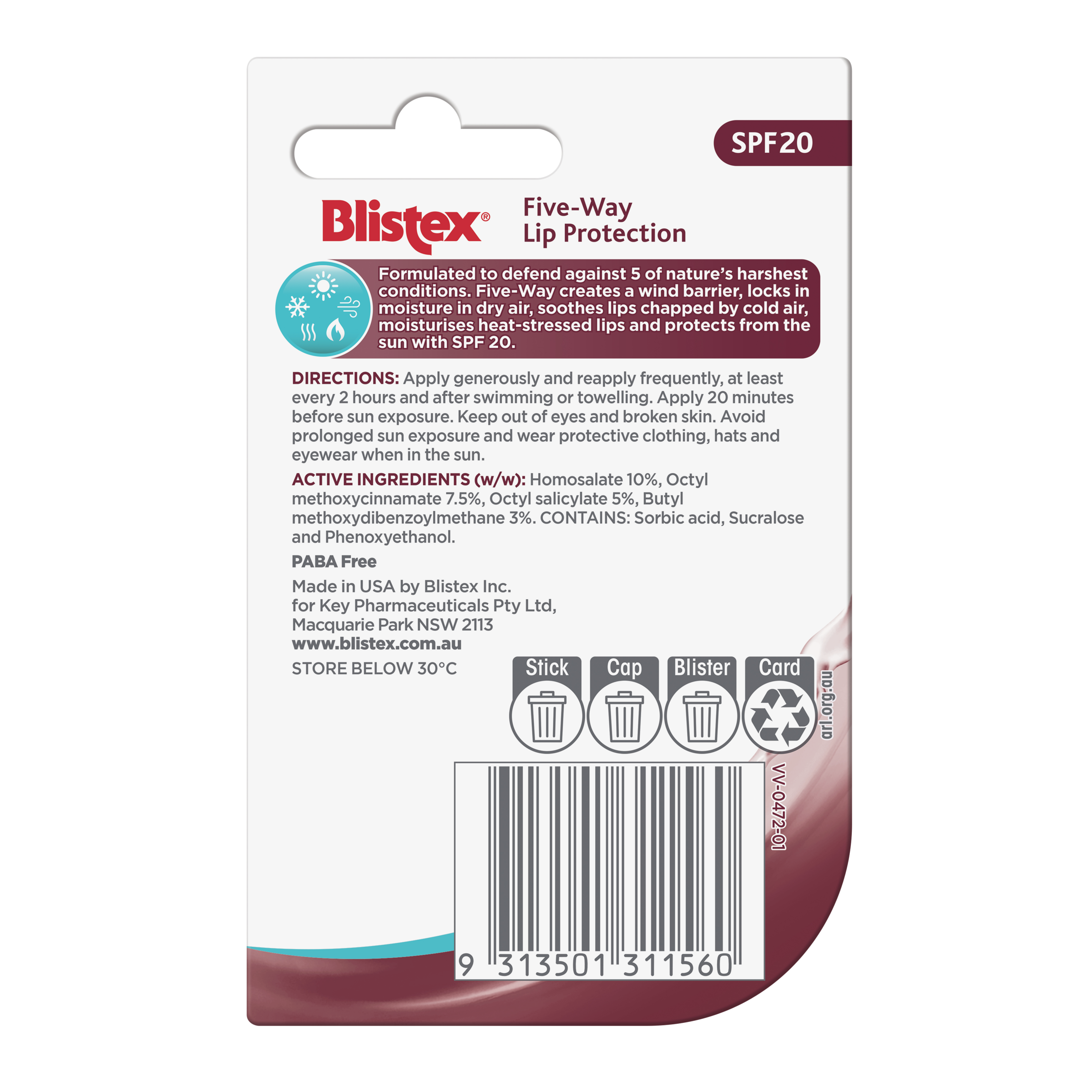 Blistex Five-Way Lip Protection back packaging